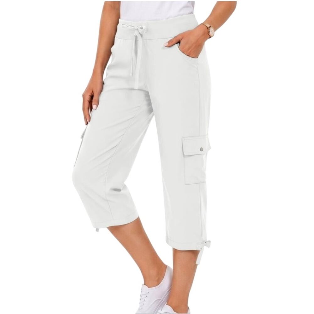NWT ~ Womens White Lightweight Cargo Capri Quick Dry Hiking Pants & Pockets ~ XL